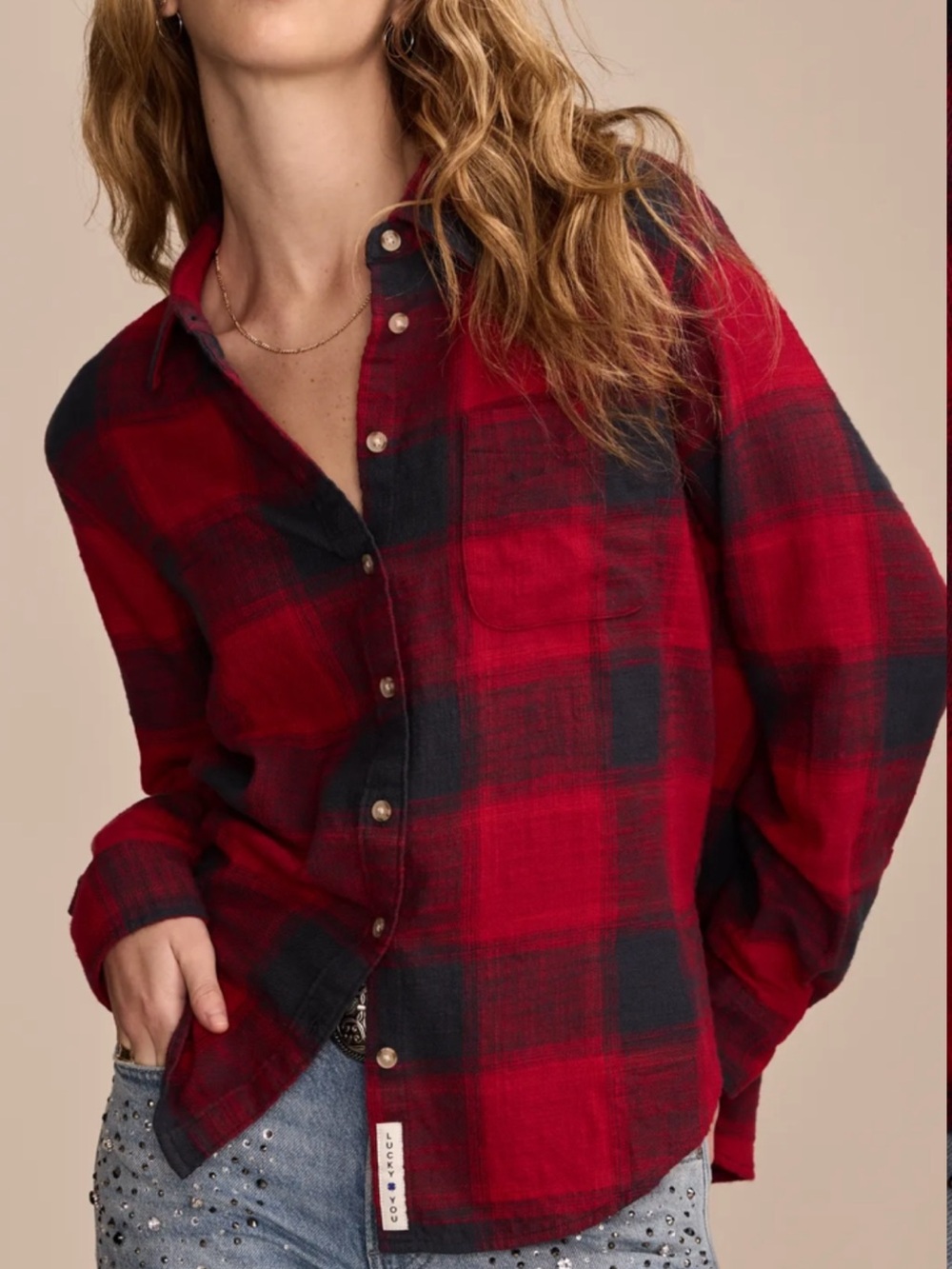 Lucky Brand Small Red & Black Plaid Button-Up Shirt